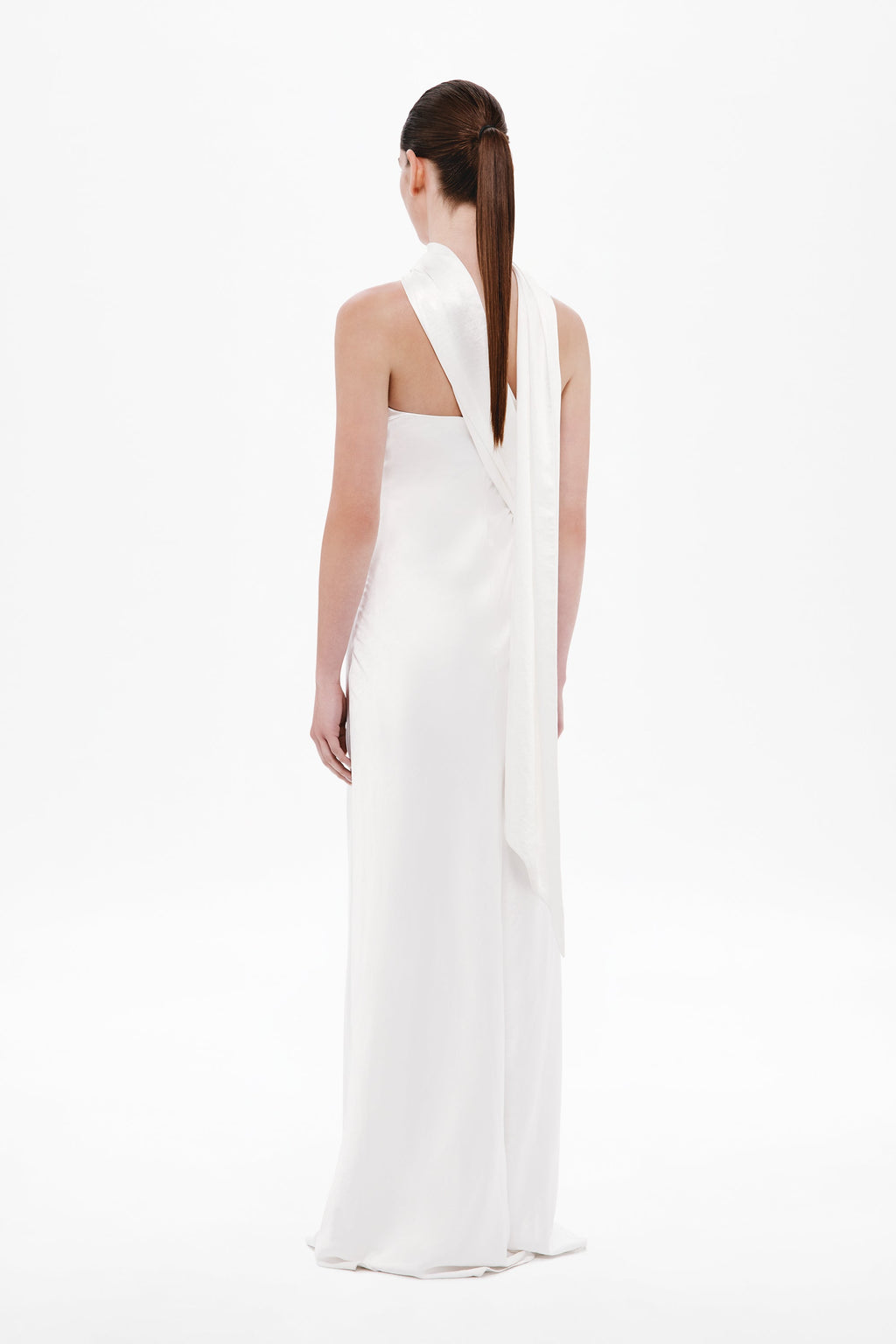 Ivory satin column dress with low back and draped open-back detail