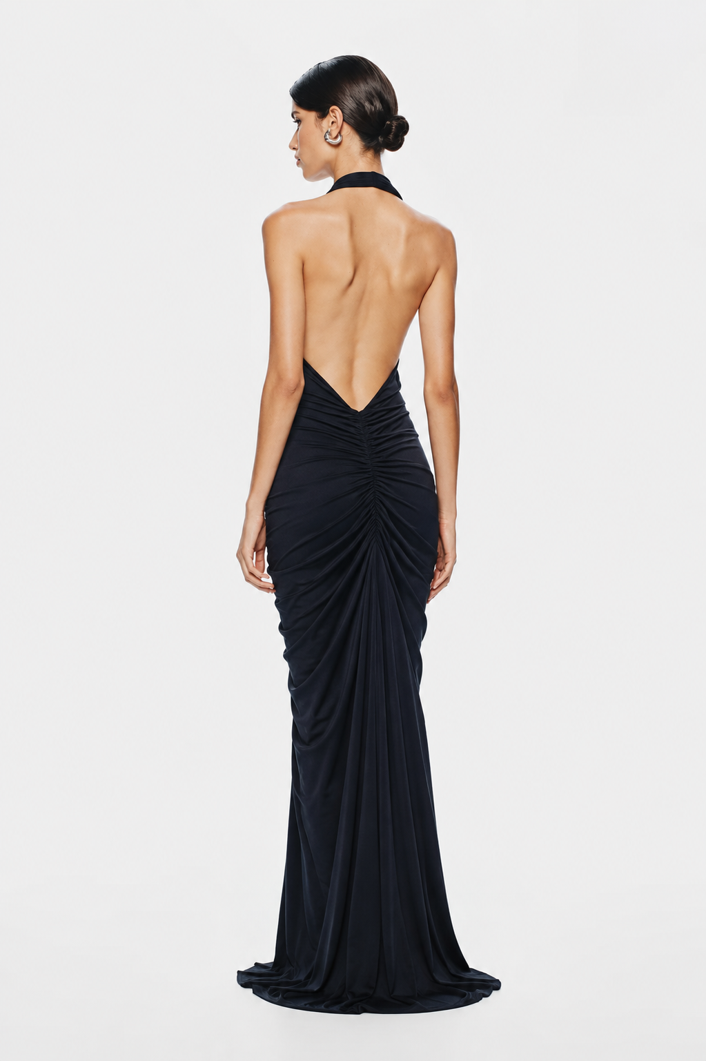 Black gathered cupro halter dress, open back with ruched center drape