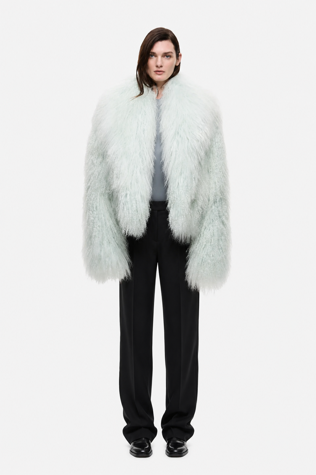 Pale mint shearling jacket with open front, long sleeves, fluffy textured finish