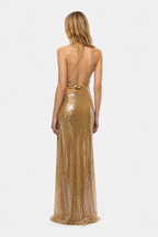 Gold sequin open-back maxi dress with V-neck front and draped ruched back panel