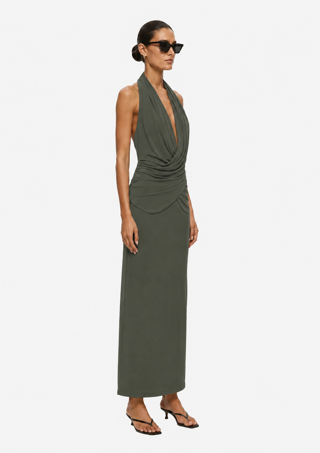 Olive halter maxi wrap dress with draped neckline and diagonal side seam detail