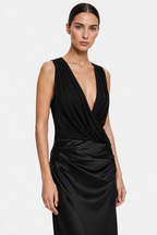 Black halter drape evening dress with deep V neckline and ruched waist