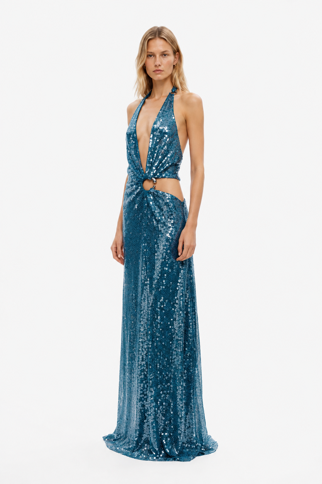Teal sequin halter maxi dress with draped open-back detail