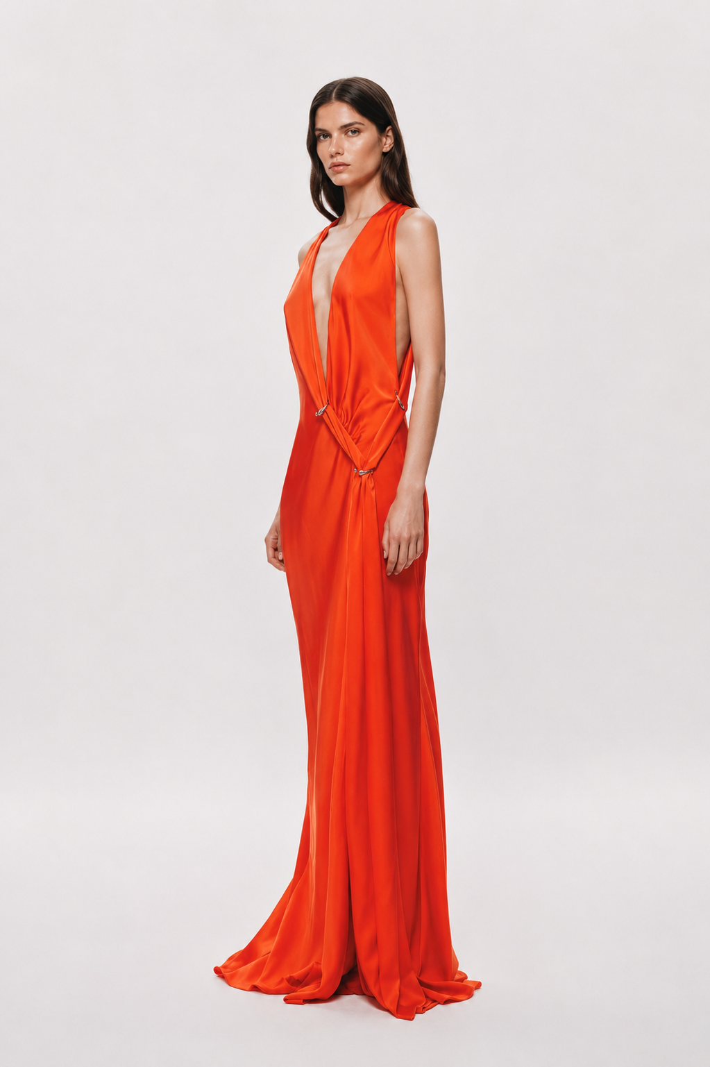 Chilli orange satin maxi dress, sleeveless V-neck and long draped skirt
