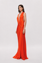 Chilli orange satin maxi dress, sleeveless V-neck and long draped skirt
