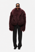 Maroon fuzzy shearling jacket with wide shawl collar and full sleeves