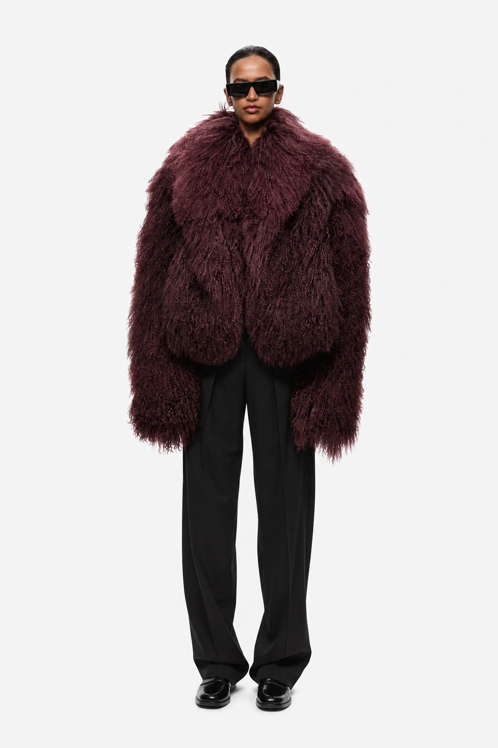 Maroon fuzzy shearling jacket with wide shawl collar and full sleeves
