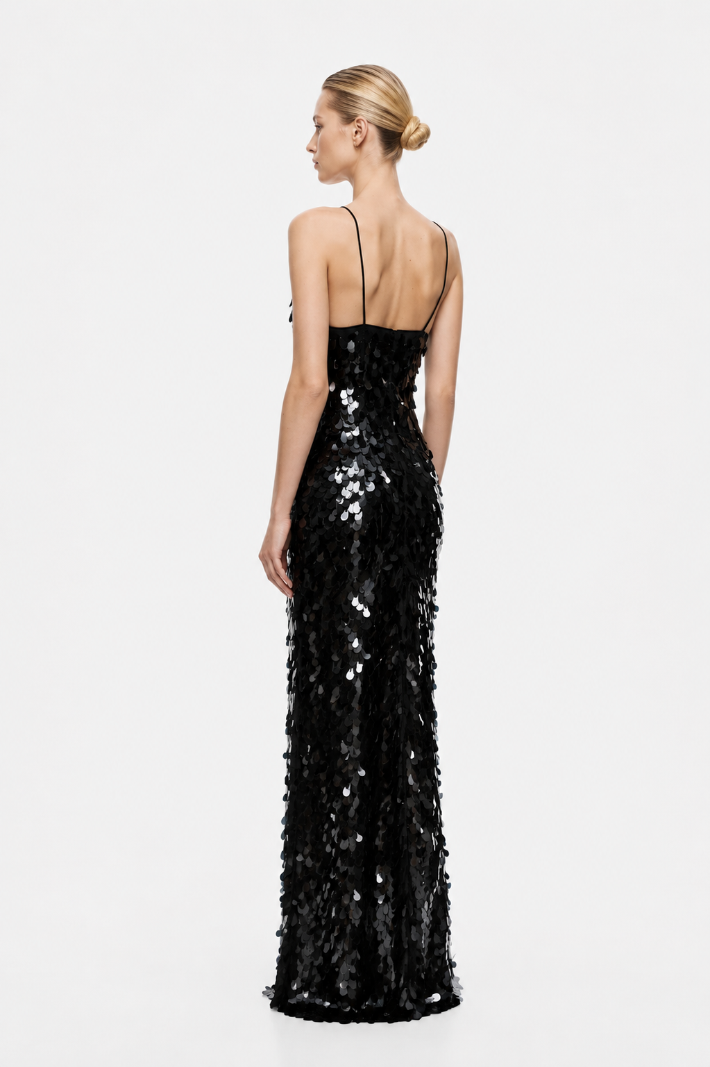 Black sequin maxi dress with spaghetti straps and low open back