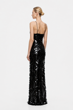 Black sequin maxi dress with spaghetti straps and low open back