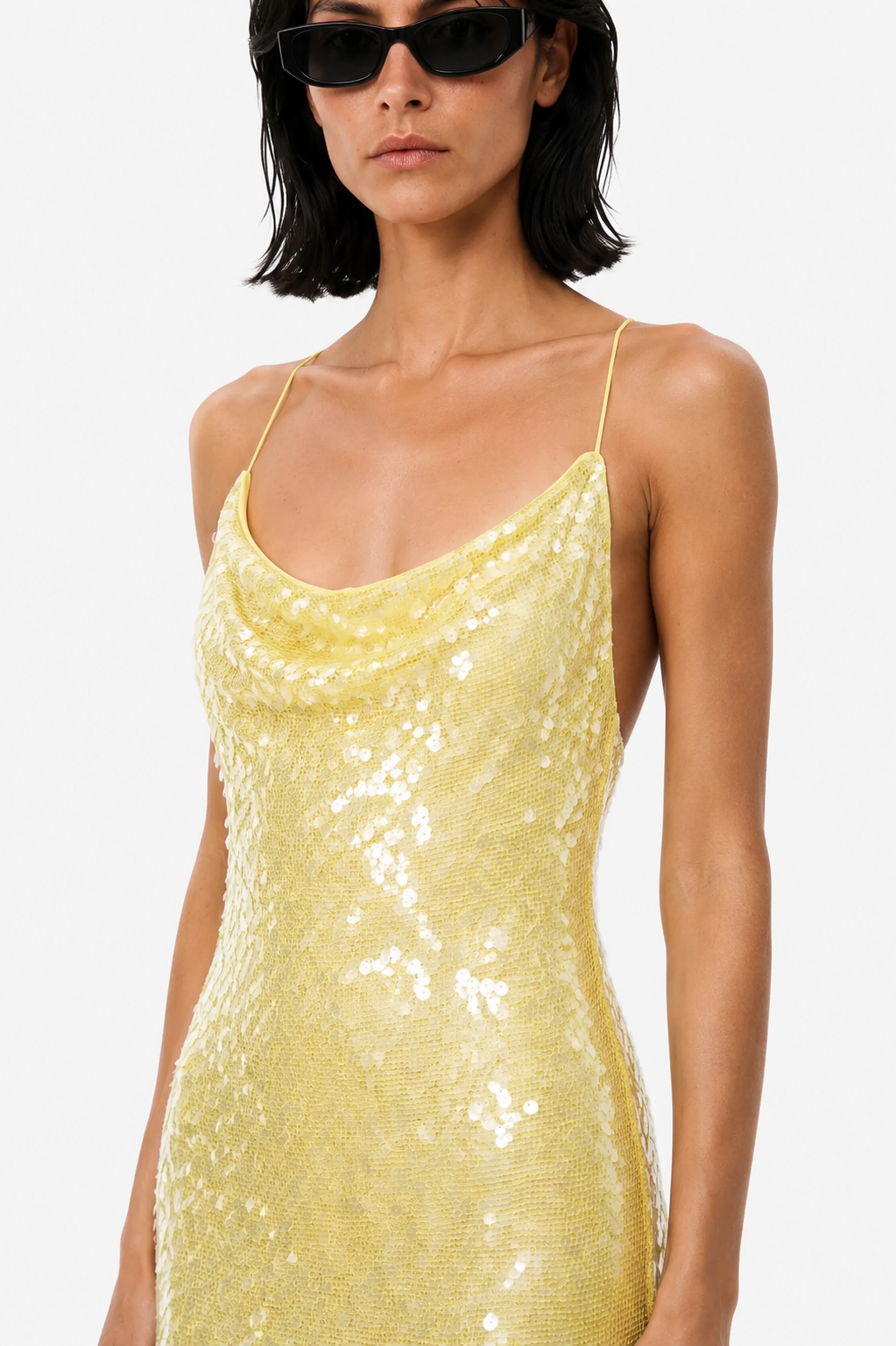 Lemon sequin maxi dress with spaghetti straps and scoop neckline