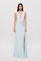 Ice blue satin Harlow dress with deep V neckline, ruched waist, and front slit