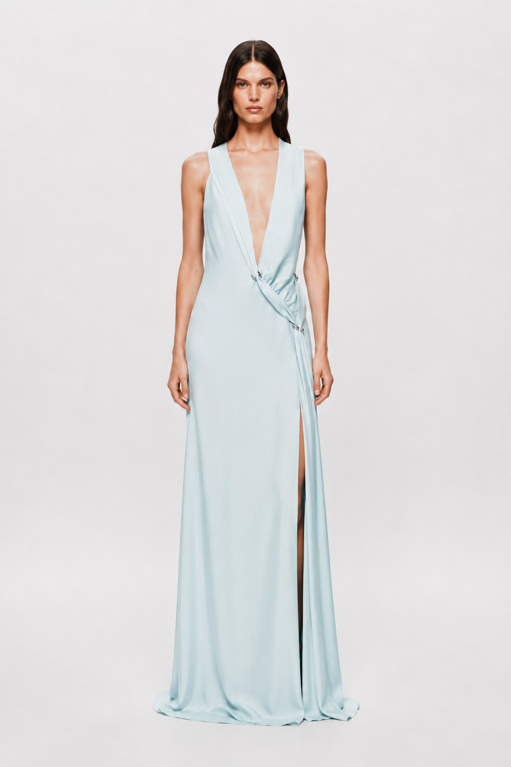 Ice blue satin Harlow dress with deep V neckline, ruched waist, and front slit