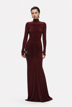 Maroon long-sleeve maxi dress with ruched gathered front and mock neck