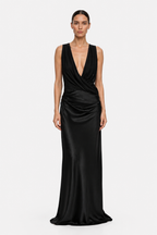 Black halter drape evening dress with deep V neckline and gathered waist