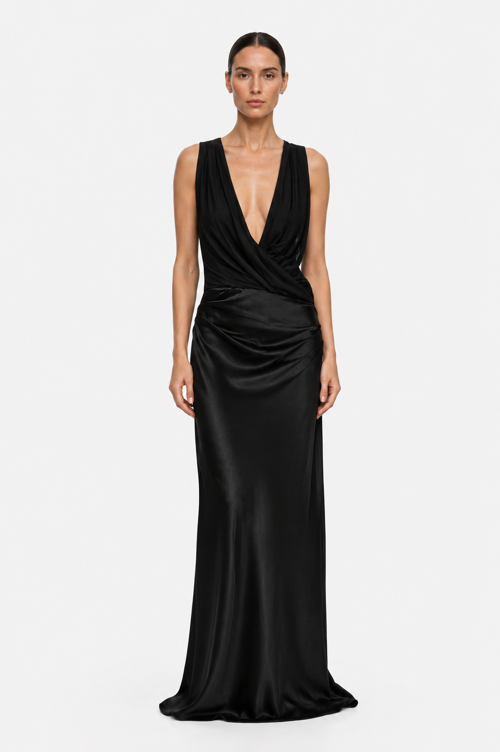 Black halter drape evening dress with deep V neckline and gathered waist