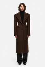 Brown tailored wool long coat with notched lapels and single-breasted button front