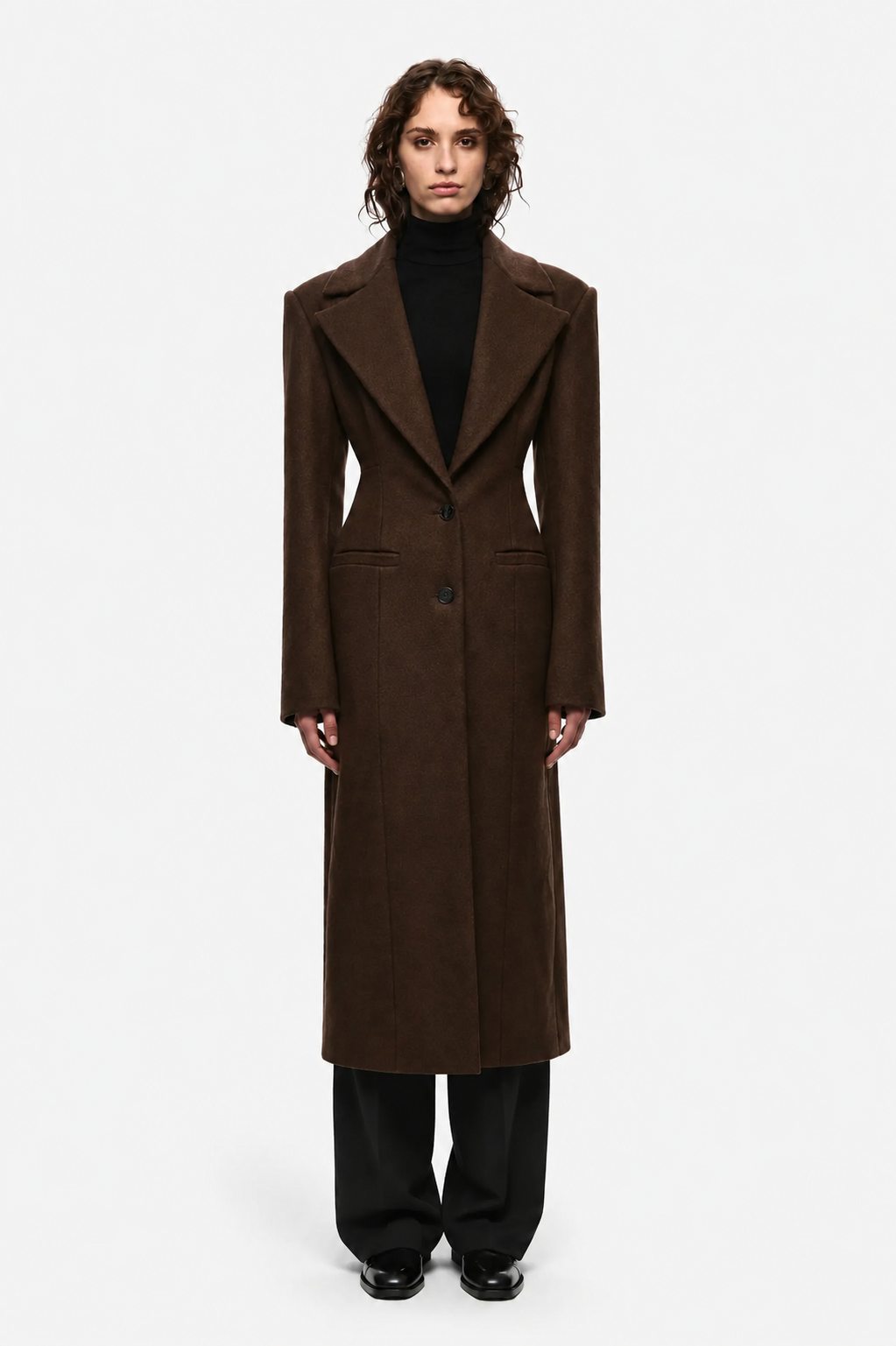Brown tailored wool long coat with notched lapels and single-breasted button front