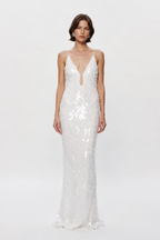 Ivory sequin maxi dress with spaghetti straps and V-neck front