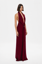 Jester red satin halter maxi dress with wrap-style front and side drape