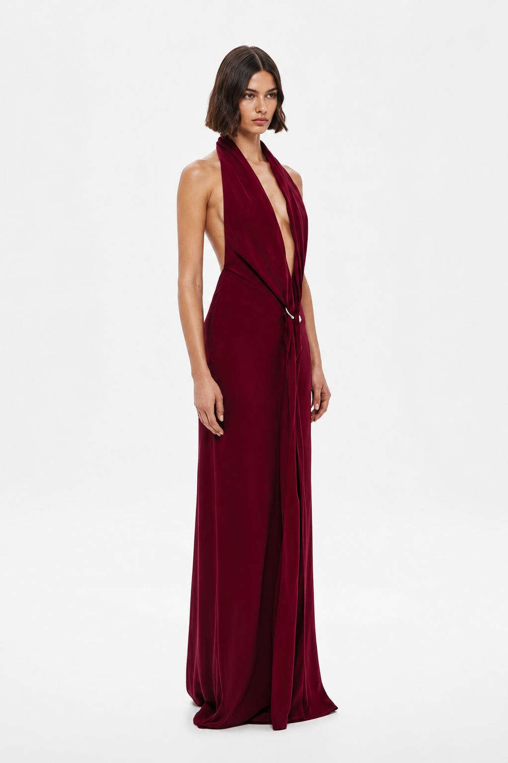 Jester red satin halter maxi dress with wrap-style front and side drape