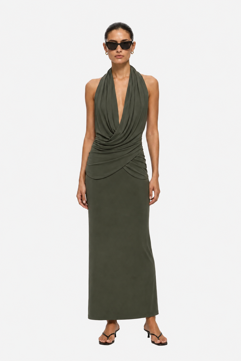 Olive green draped halter maxi dress with crossover bodice and side ruching