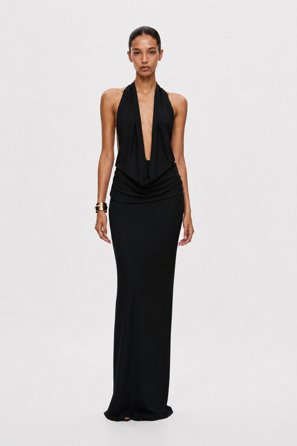 Black jersey halter maxi dress with draped cowl neckline
