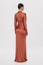Brick jersey maxi dress with gathered waist twist and long sleeves, back view