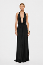 Black sleeveless V-neck cupro dress with gathered bodice and draped column skirt