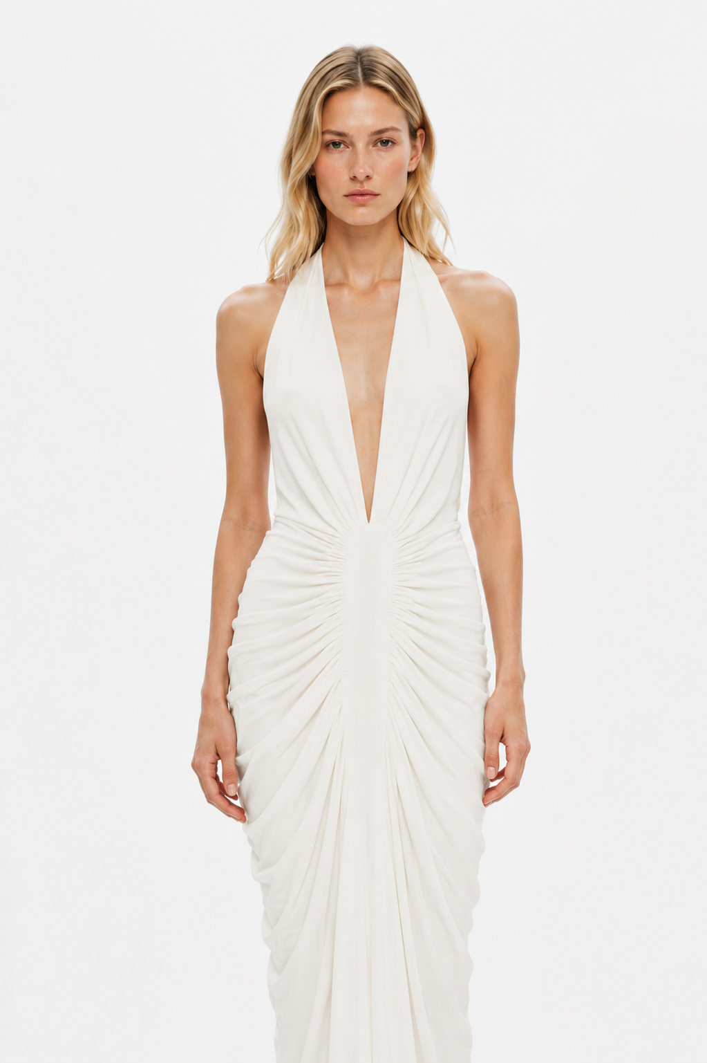 Ivory halter gathered cupro dress front view, ruched waist and flowing skirt
