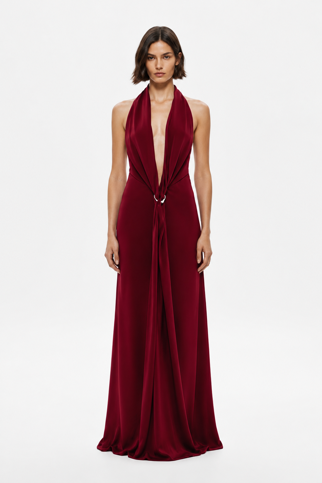 Jester red satin halter dress with draped V neckline and long flowing skirt