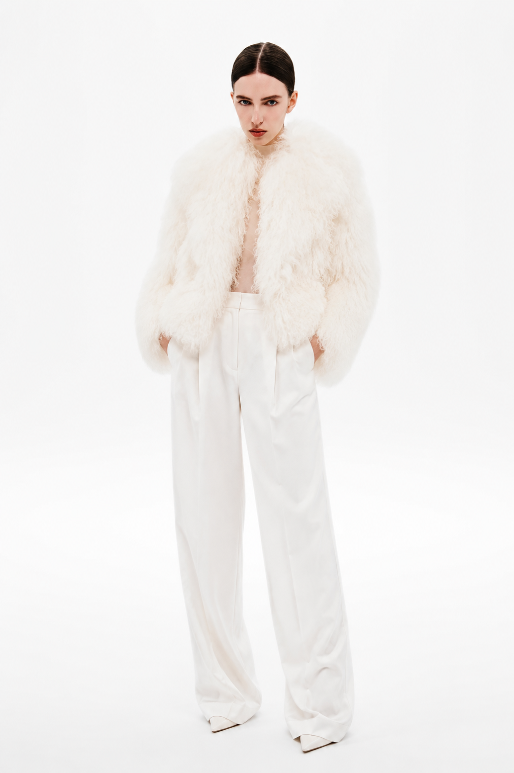 Ivory shearling coat with button front and stand collar, fuzzy full sleeves