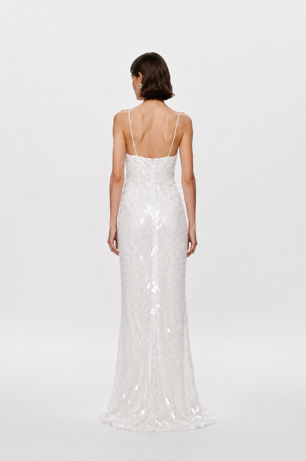 Ivory sequin maxi dress with open back and spaghetti straps