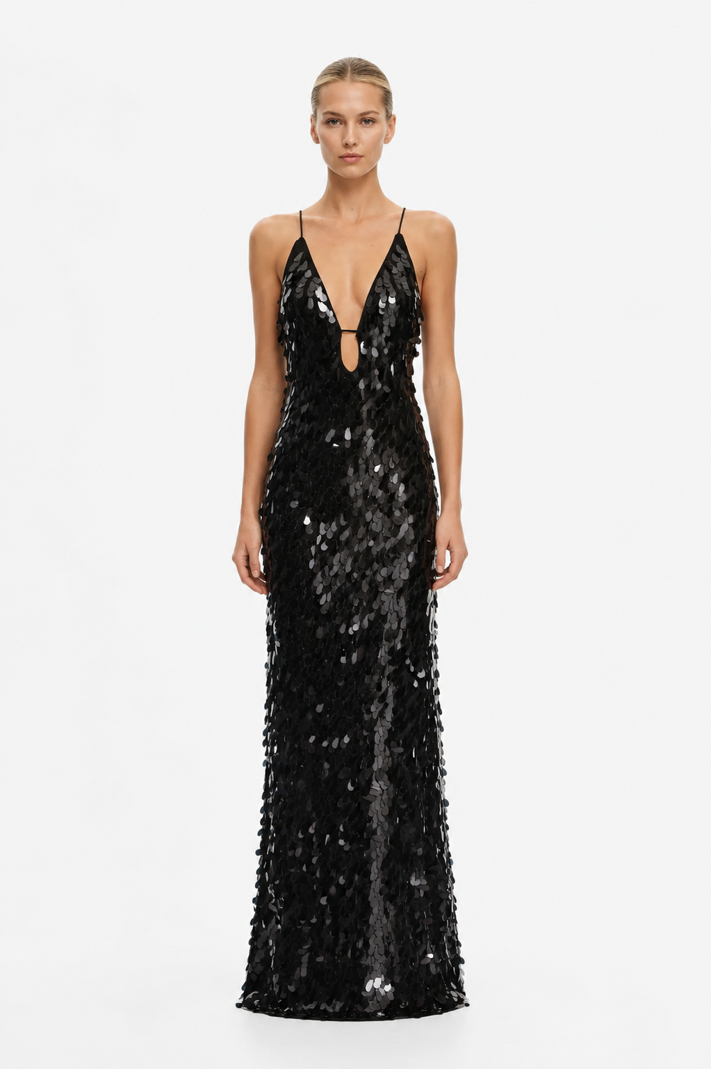 Black sequin maxi dress with spaghetti straps and V-neck front, fitted silhouette