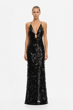 Black sequin maxi dress with spaghetti straps and V-neck front, fitted silhouette