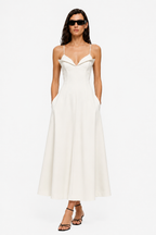 Celeste crepe midi dress, ivory, spaghetti straps, sweetheart neckline, A-line skirt