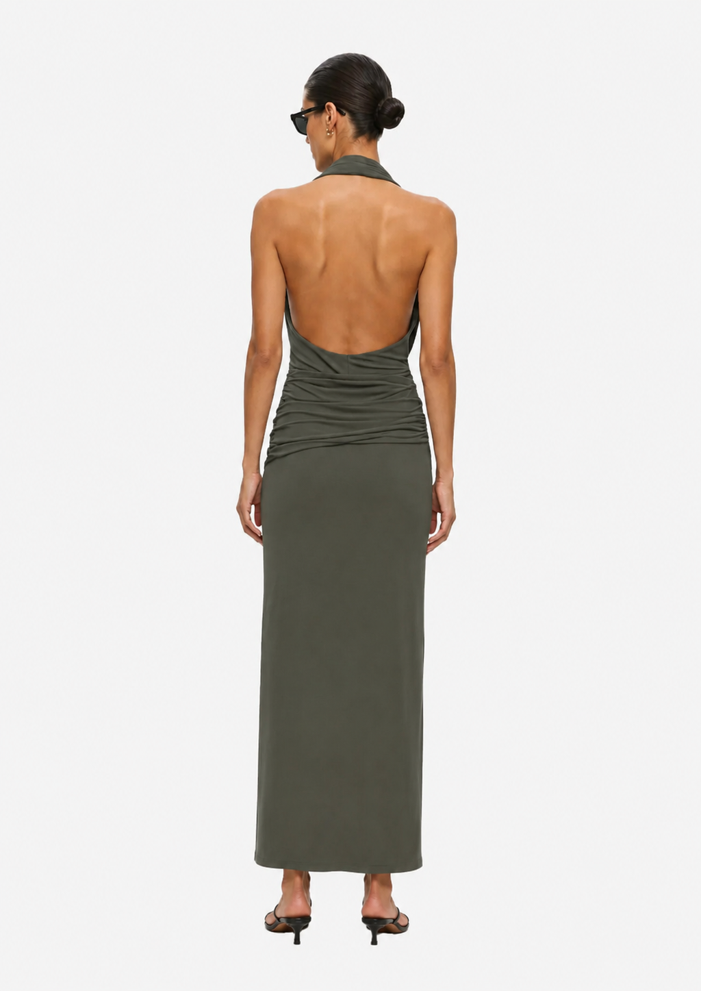 Olive green halter maxi dress, open back with draped cross detail