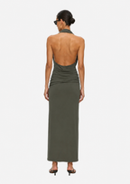 Olive green halter maxi dress, open back with draped cross detail