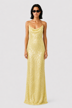 Lemon sequin maxi dress, sleeveless with spaghetti straps and column silhouette