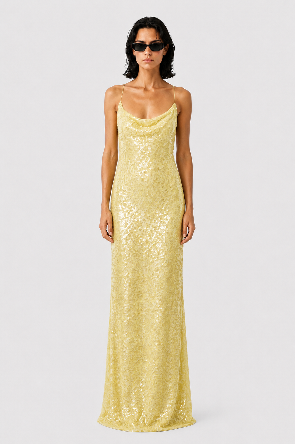 Lemon sequin maxi dress, sleeveless with spaghetti straps and column silhouette