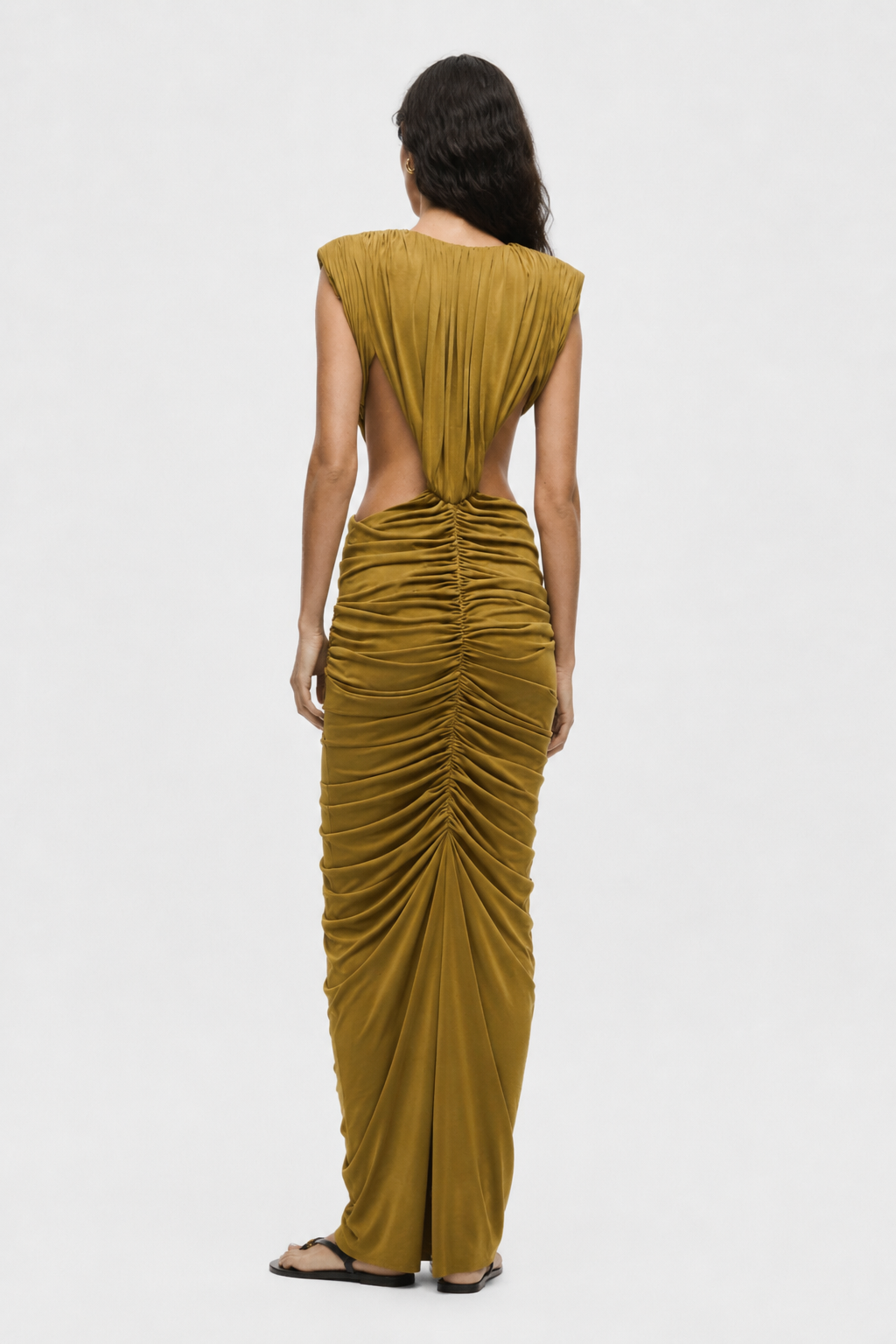 THE SOLACIA cupro dress, back view in olive green with ruched knot detail