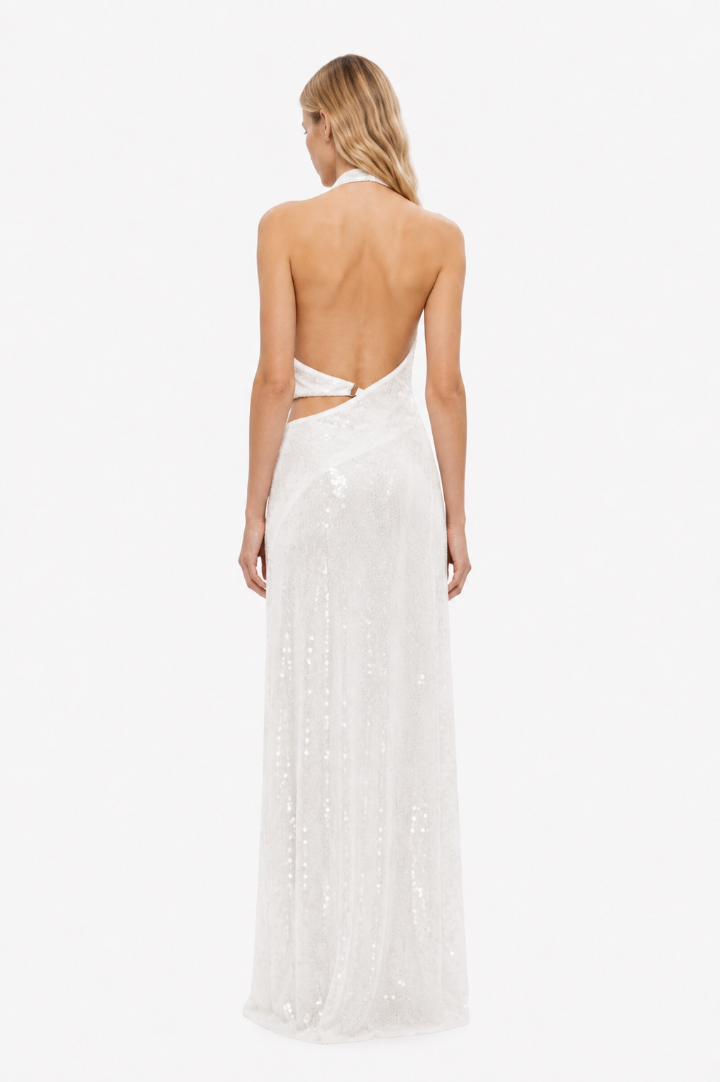Ivory sequin halter maxi dress, back view with low open scoop and strap