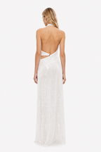 Ivory sequin halter maxi dress, back view with low open scoop and strap