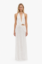 Ivory sequin halter maxi dress with V neckline and waist ring detail
