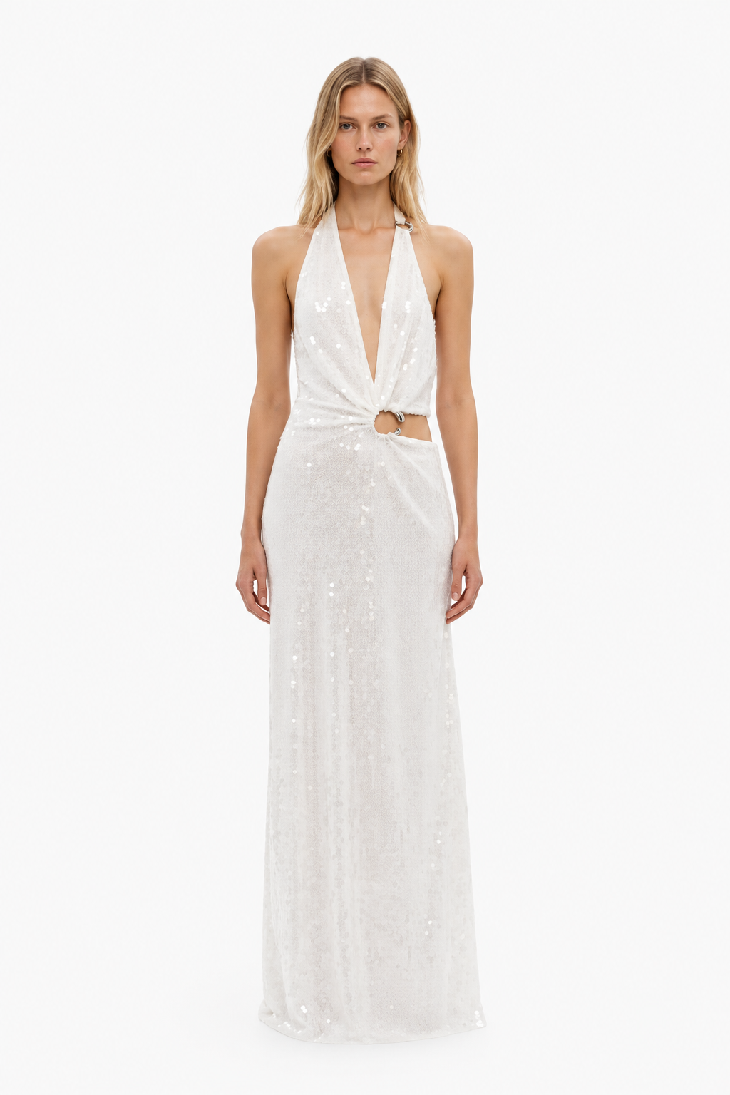 Ivory sequin halter maxi dress with V neckline and waist ring detail