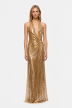 Gold sequin maxi dress with halter V-neck and ruched fitted bodice, sleeveless