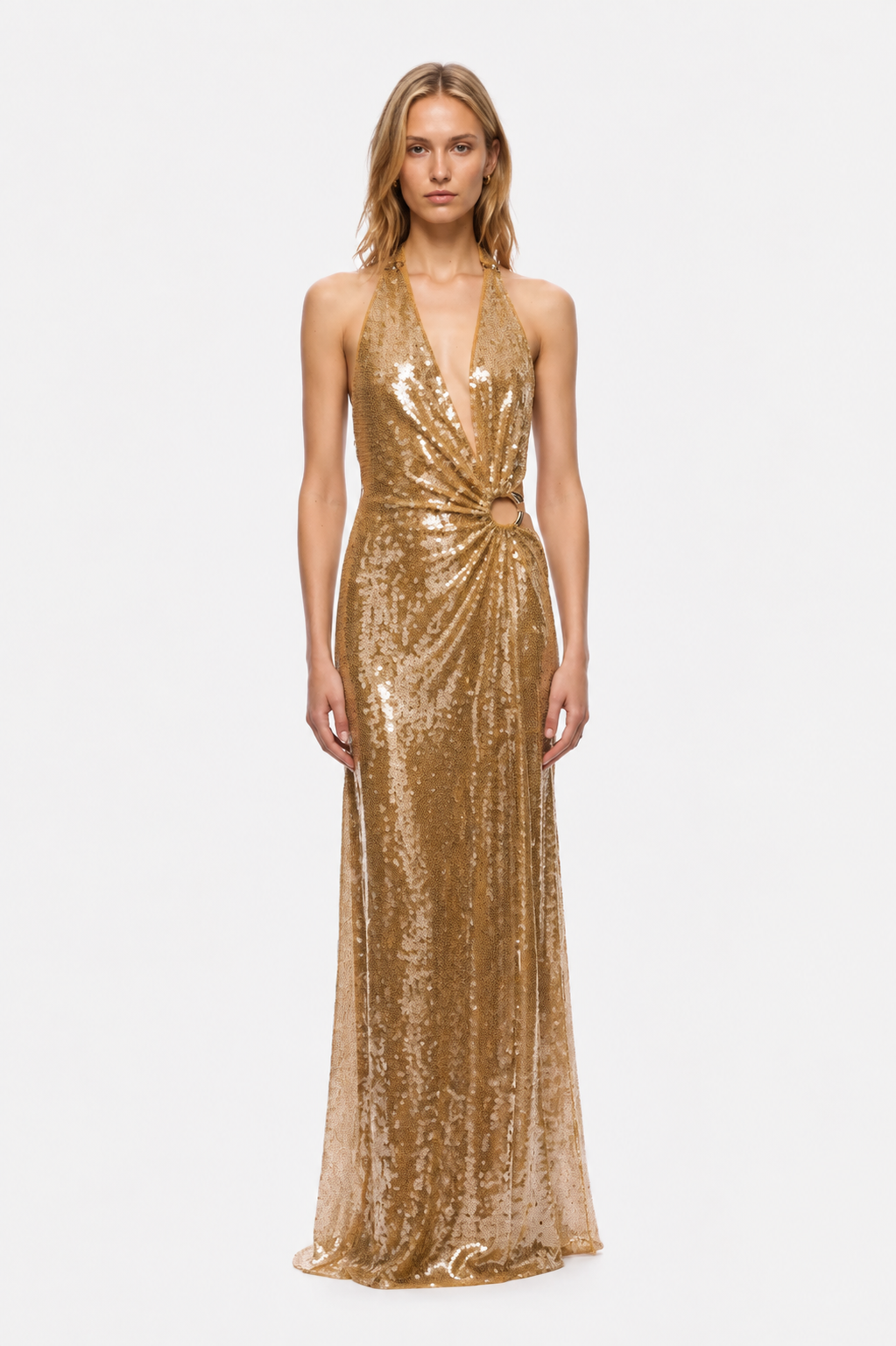 Gold sequin maxi dress with halter V-neck and ruched fitted bodice, sleeveless
