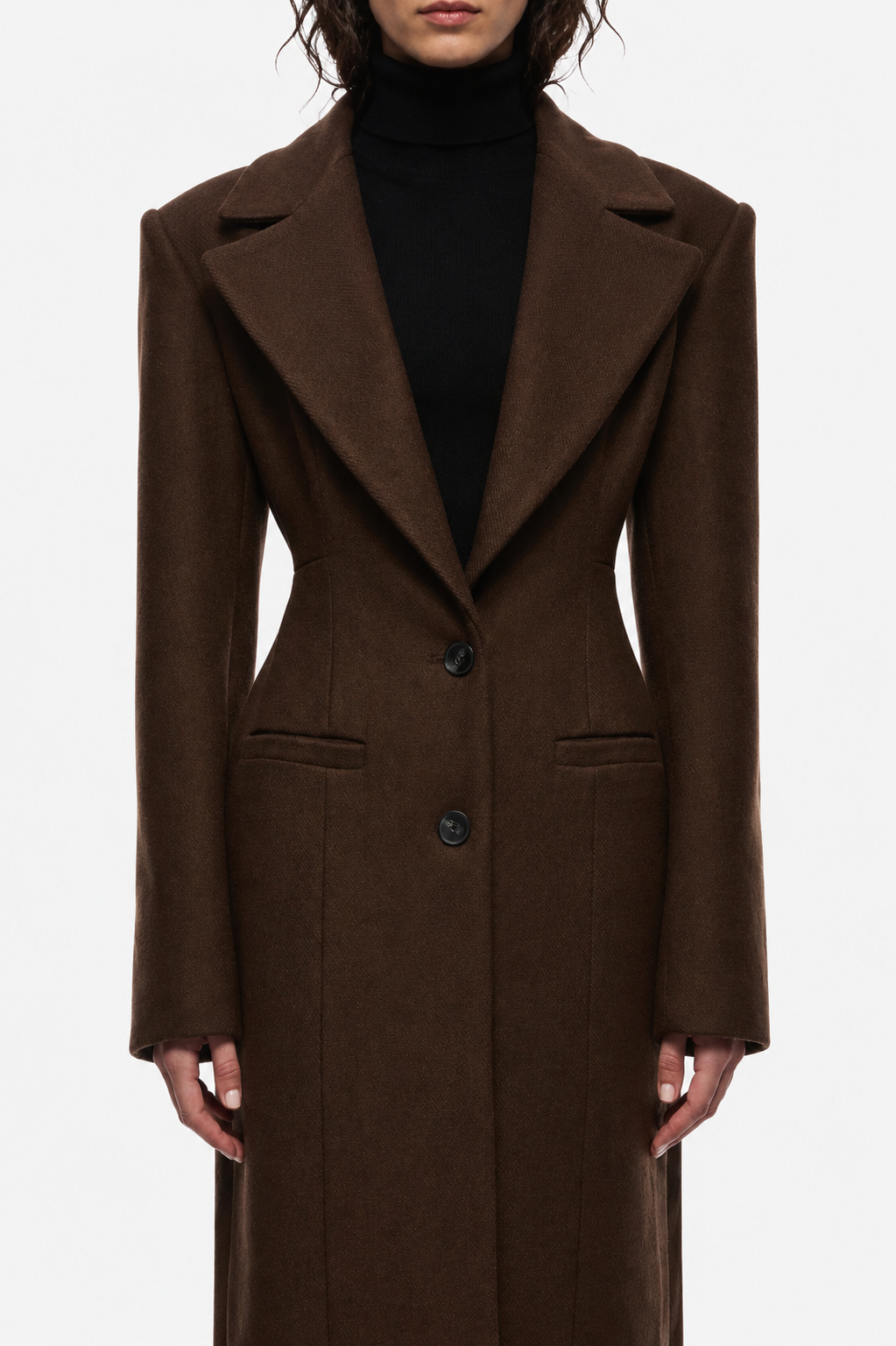 Brown tailored wool coat with notched lapels, center buttons, and flap pockets