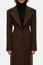 Brown tailored wool coat with notched lapels, center buttons, and flap pockets