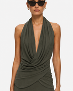 Olive halter wrap maxi dress with deep V neckline and gathered drape at waist