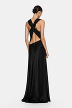 Black halter drape evening dress with cross-back straps and open back